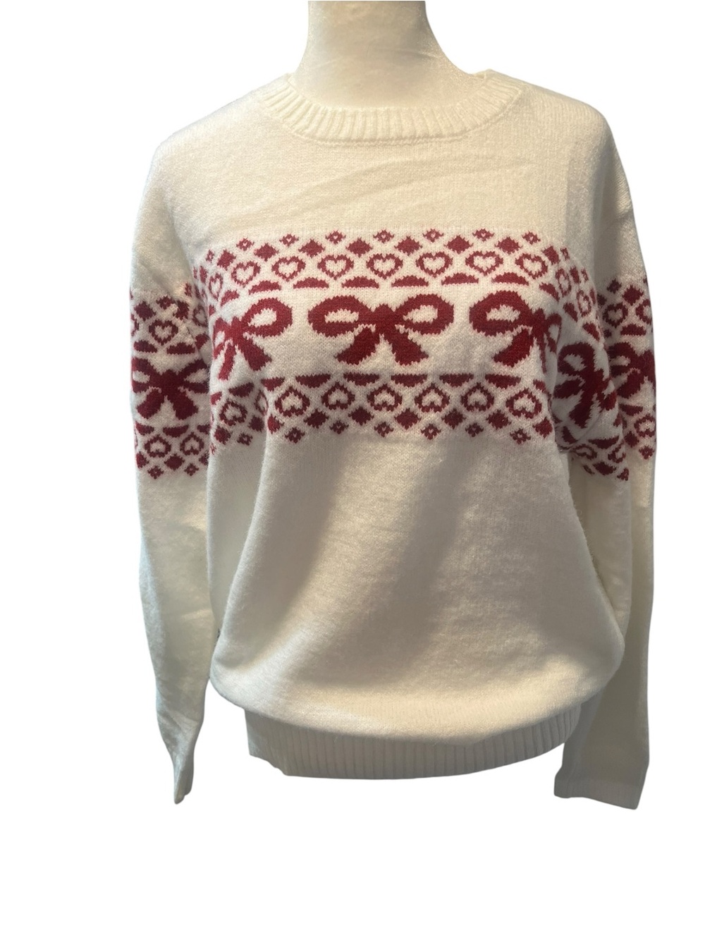 White Womans Long Sleeve Sweater with Red Bow Detail - Medium
